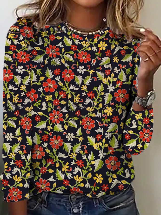 Casual Long Sleeve Crew Neck Floral Loose Regular T-Shirt