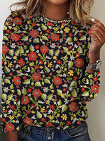 Casual Long Sleeve Crew Neck Floral Loose Regular T-Shirt