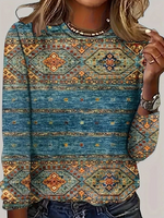 Loose Long Sleeve Crew Neck Ethnic Casual Regular T-Shirt