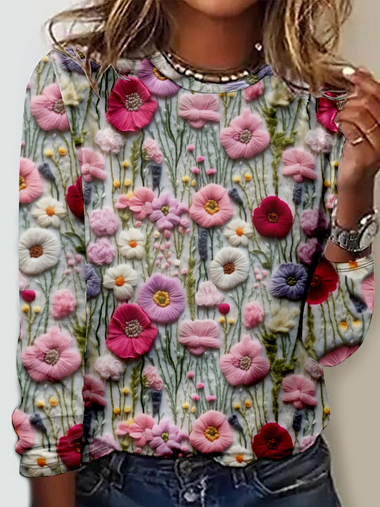 Casual Long Sleeve Crew Neck Floral Loose Regular T-Shirt