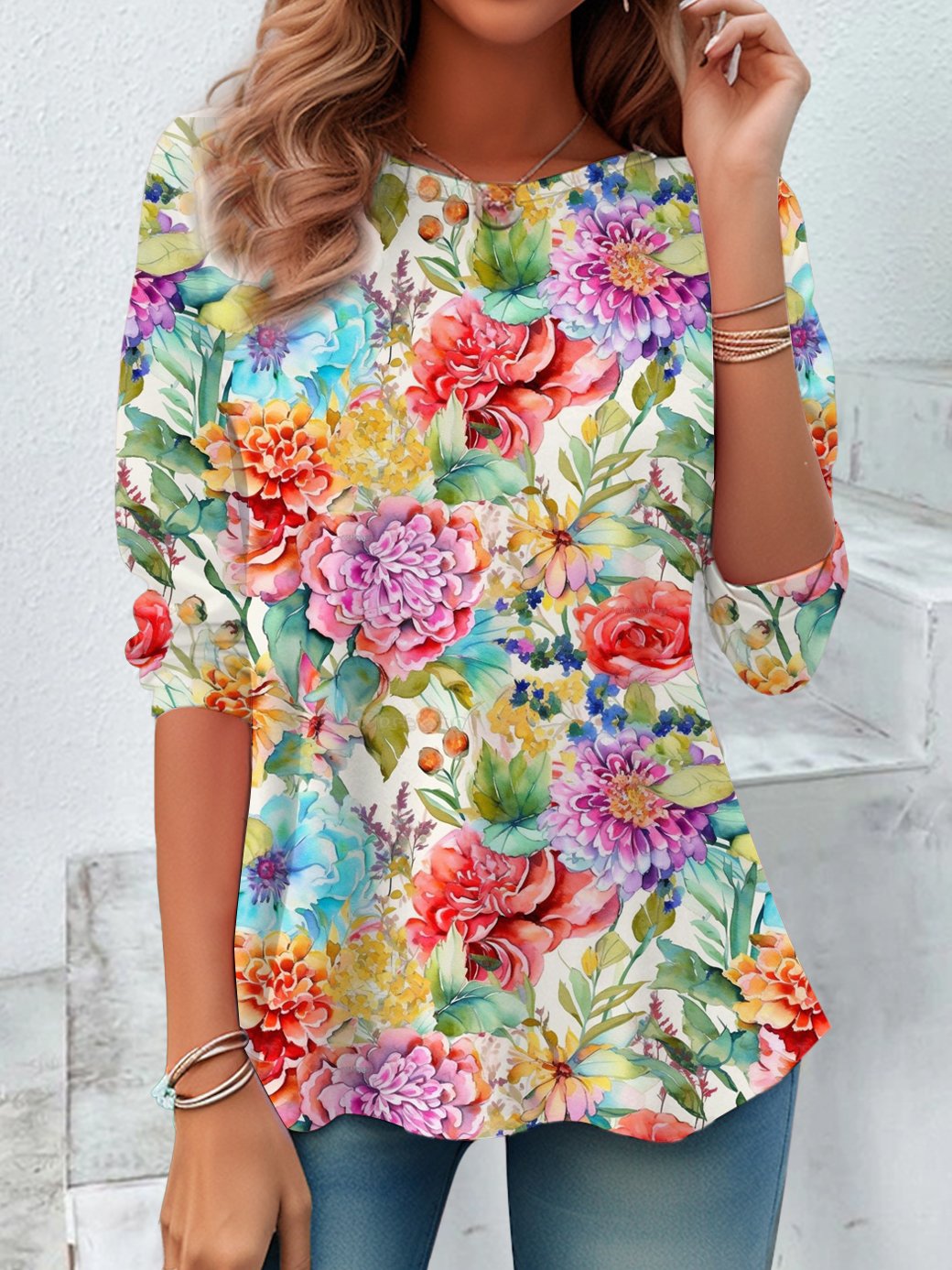 Casual Long Sleeve Crew Neck Floral Loose Regular Blouse