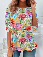 Casual Long Sleeve Crew Neck Floral Loose Regular Blouse