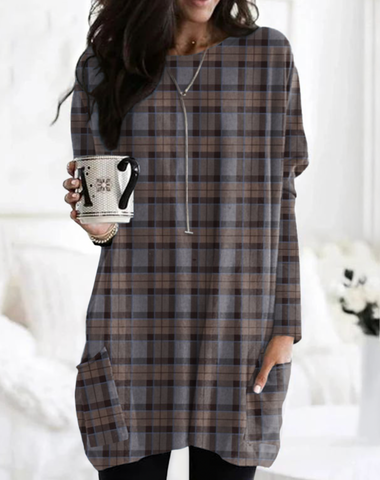 Long Sleeve Crew Neck Geometric Vintage Mid-Long T-Shirt