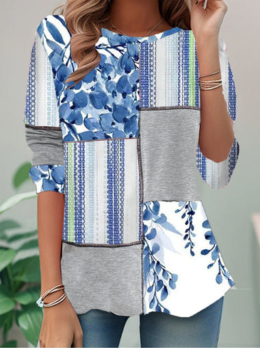 Casual Long Sleeve Crew Neck Floral Color Block Loose Regular T-Shirt
