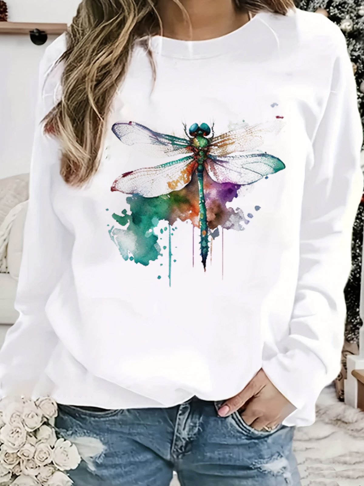 Casual Long Sleeve Crew Neck Dragonfly Loose Regular Sweatshirt