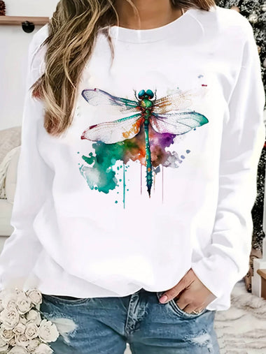 Casual Long Sleeve Crew Neck Dragonfly Loose Regular Sweatshirt