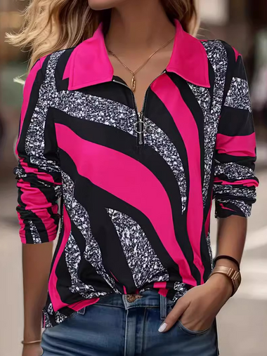 Loose Long Sleeve Shawl Collar Abstract Casual Regular Blouse