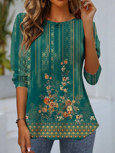 Loose Long Sleeve Crew Neck Ethnic Floral Casual Regular Blouse