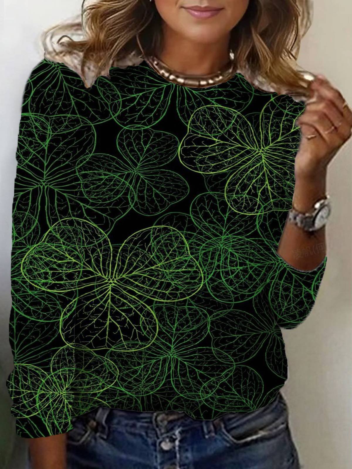 Loose Long Sleeve Crew Neck Abstract Casual Regular T-Shirt