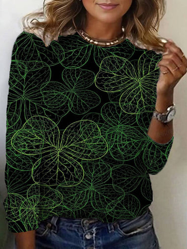 Loose Long Sleeve Crew Neck Abstract Casual Regular T-Shirt