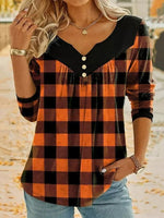 Loose Long Sleeve Notched Plaid Casual Mid-Long Blouse