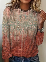 Casual Long Sleeve Crew Neck Ethnic Loose Regular T-Shirt