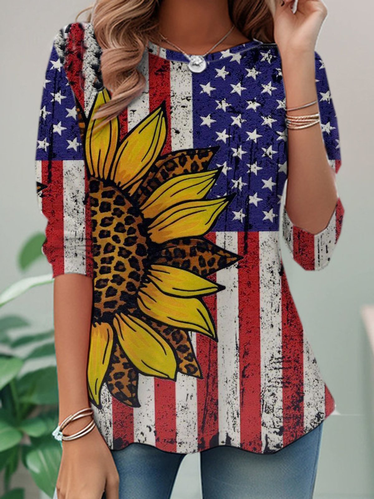 Casual Long Sleeve Crew Neck Daisy Loose Regular T-Shirt