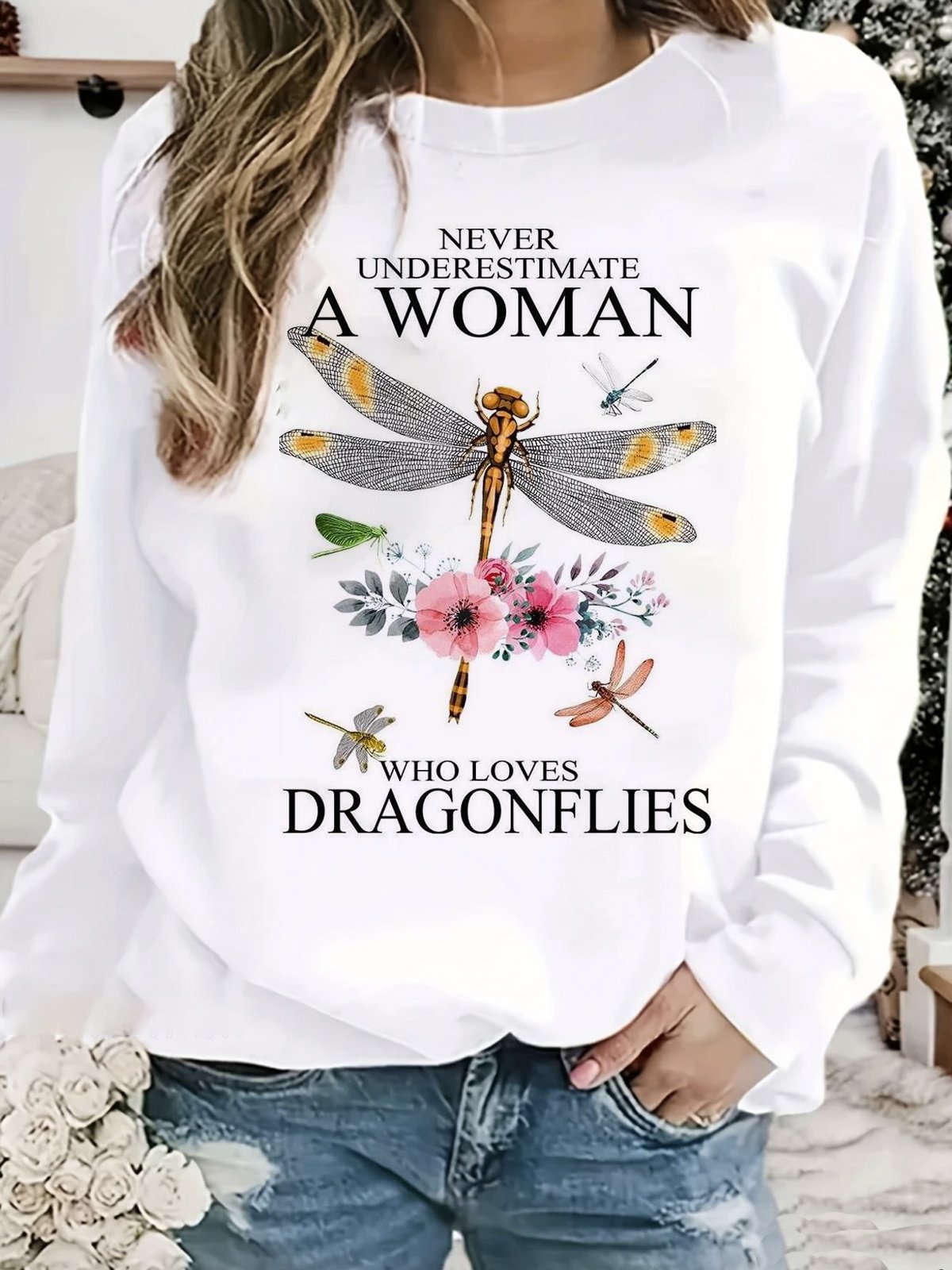 Casual Long Sleeve Crew Neck Dragonfly Loose Regular Sweatshirt