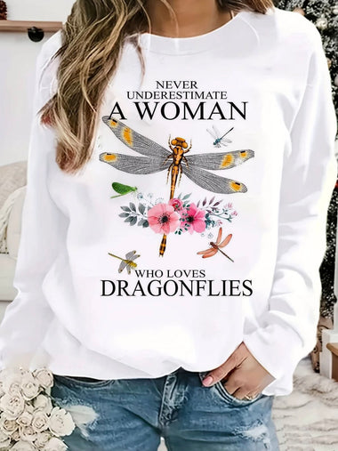 Casual Long Sleeve Crew Neck Dragonfly Loose Regular Sweatshirt