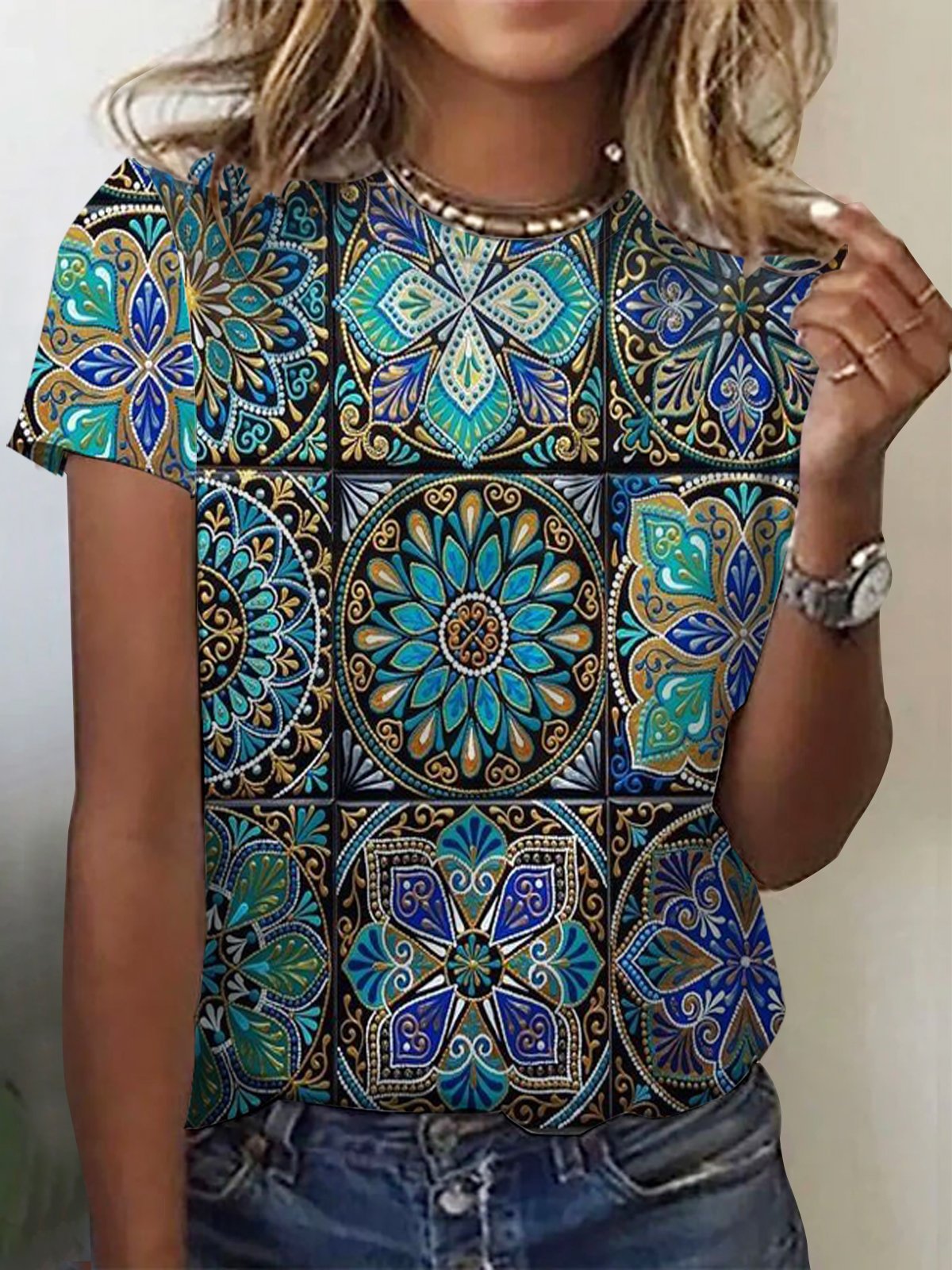 Loose Short Sleeve Crew Neck Ethnic Casual Regular T-Shirt