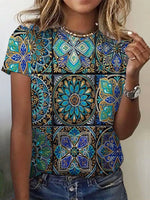 Loose Short Sleeve Crew Neck Ethnic Casual Regular T-Shirt