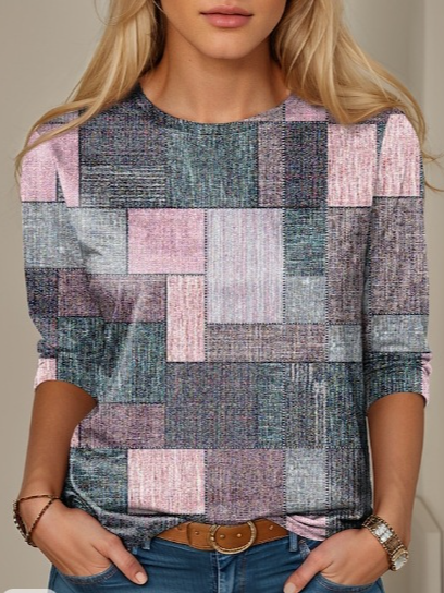 Casual Long Sleeve Crew Neck Plaid Loose Regular T-Shirt