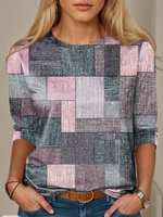 Casual Long Sleeve Crew Neck Plaid Loose Regular T-Shirt