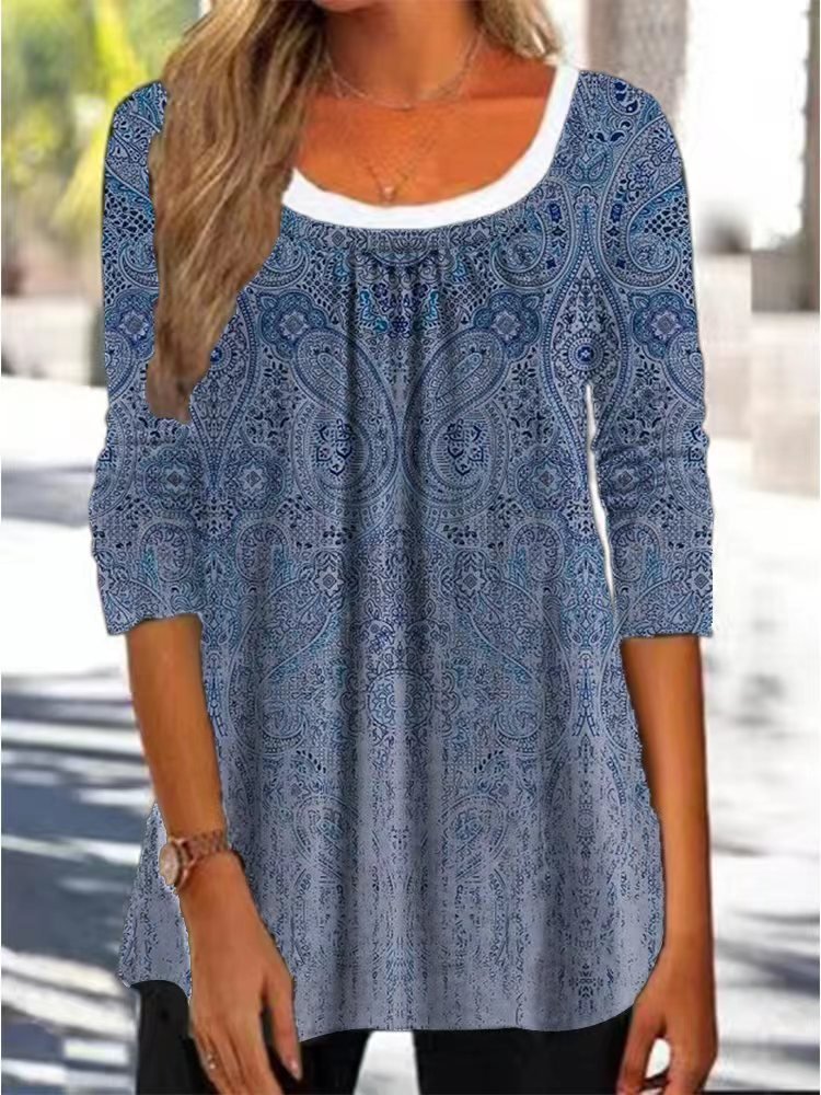 Loose Long Sleeve Crew Neck Ethnic Casual Regular Blouse