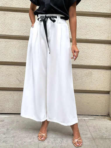 Casual Color Block Sash Pocket Stitching Loose Long Pants