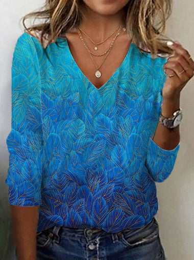 Casual Long Sleeve V Neck Leaf Regular T-Shirt