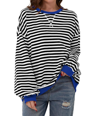 Loose Long Sleeve Crew Neck Striped Casual Regular Sweatshirt