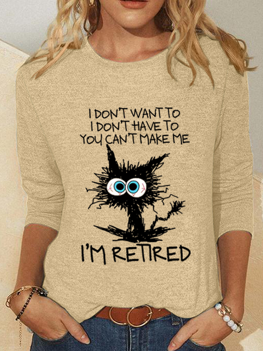 Casual Long Sleeve Crew Neck Cat Regular Blouse