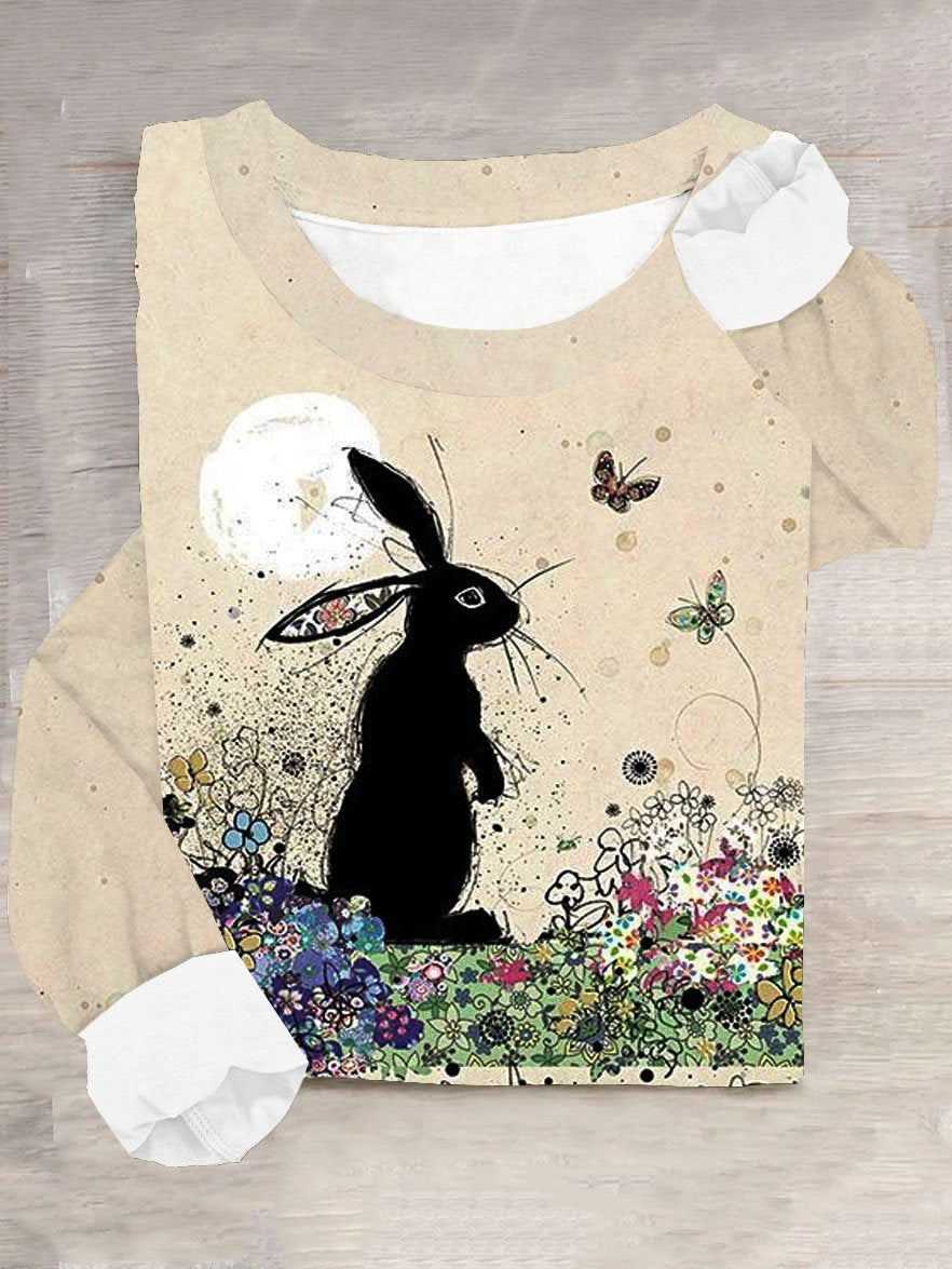 Loose Long Sleeve Crew Neck Floral Rabbit Casual Regular T-Shirt