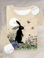 Loose Long Sleeve Crew Neck Floral Rabbit Casual Regular T-Shirt