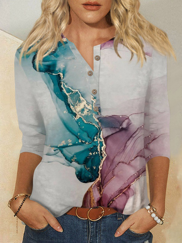 Casual Three Quarter Sleeve Crew Neck Floral Loose Regular T-Shirt