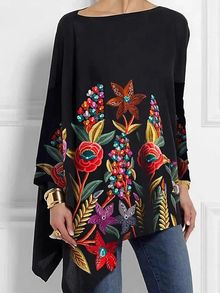 Casual Long Sleeve Crew Neck Floral Loose Mid-Long Blouse