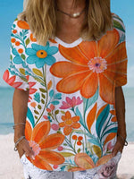 Casual Short Sleeve Crew Neck Floral Loose Regular Blouse