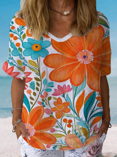 Casual Short Sleeve Crew Neck Floral Loose Regular Blouse