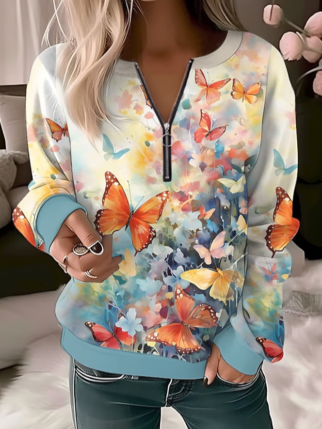 Loose Long Sleeve Crew Neck Floral Zipper Casual Regular Sweatshirt
