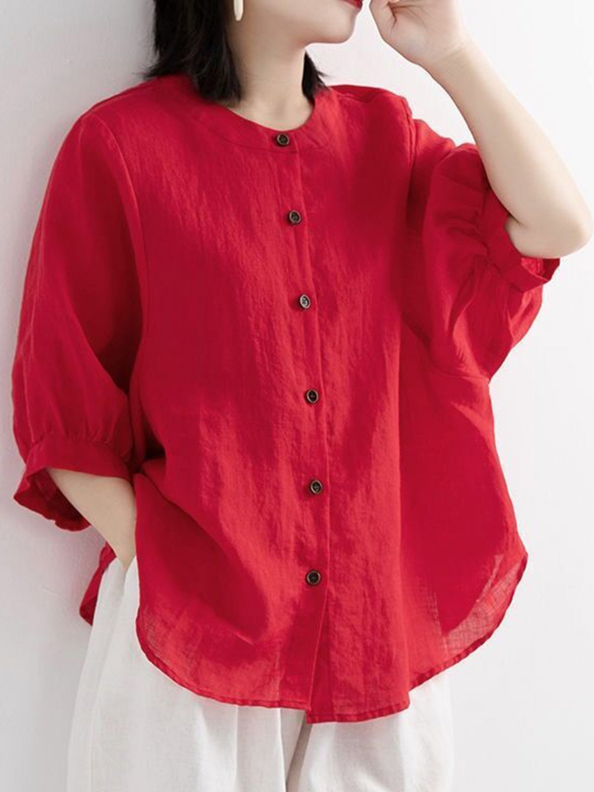 Loose Three Quarter Sleeve Crew Neck Plain Casual Regular Shirt