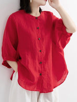 Loose Three Quarter Sleeve Crew Neck Plain Casual Regular Shirt