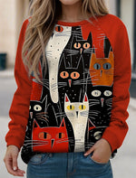 Loose Long Sleeve Crew Neck Cat Casual Regular Sweatshirt