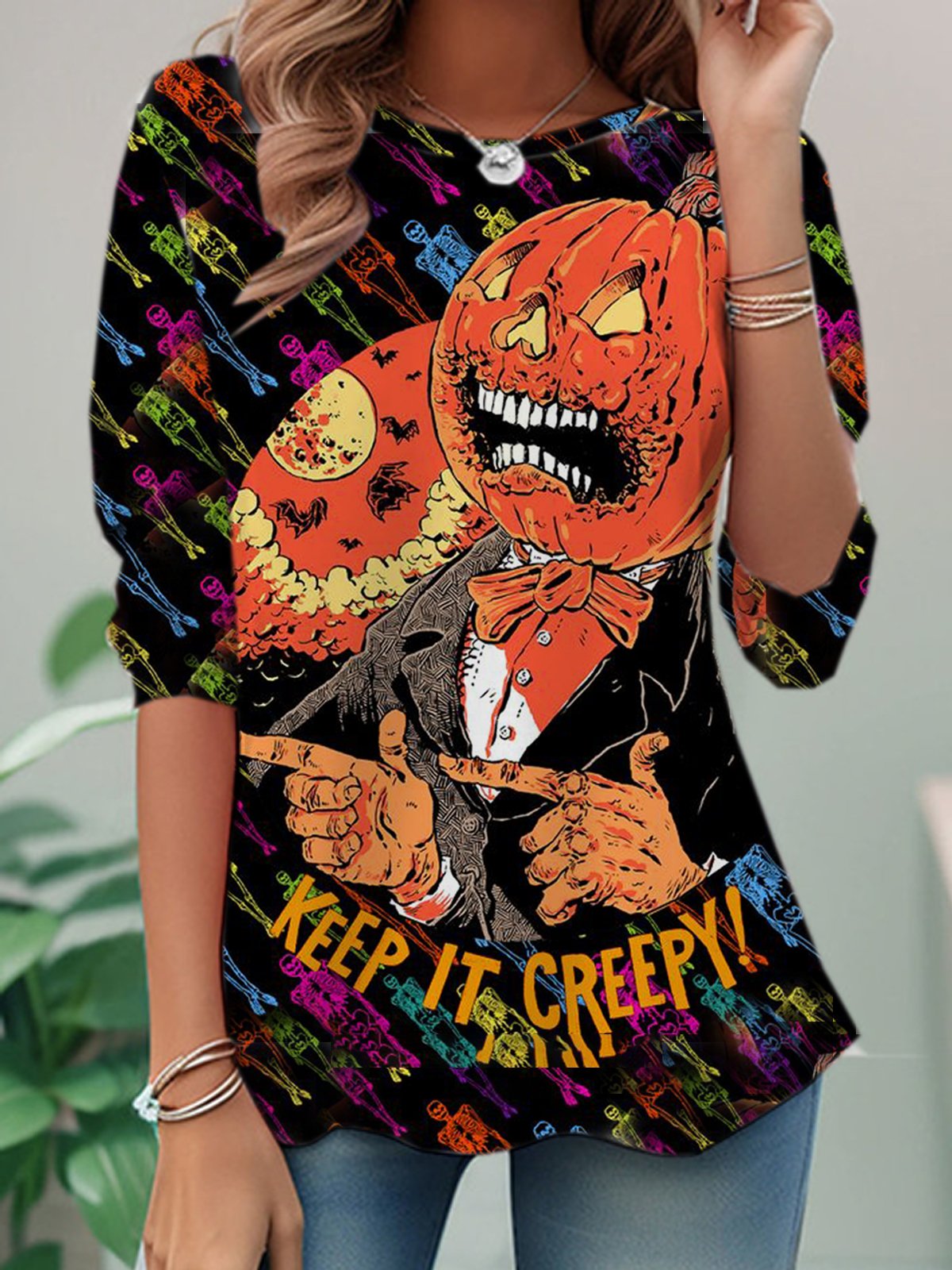 Loose Long Sleeve Crew Neck Halloween Casual Regular T-Shirt