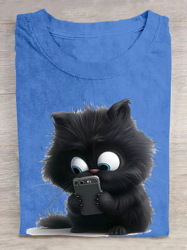Loose Short Sleeve Crew Neck Cat Casual Regular T-Shirt