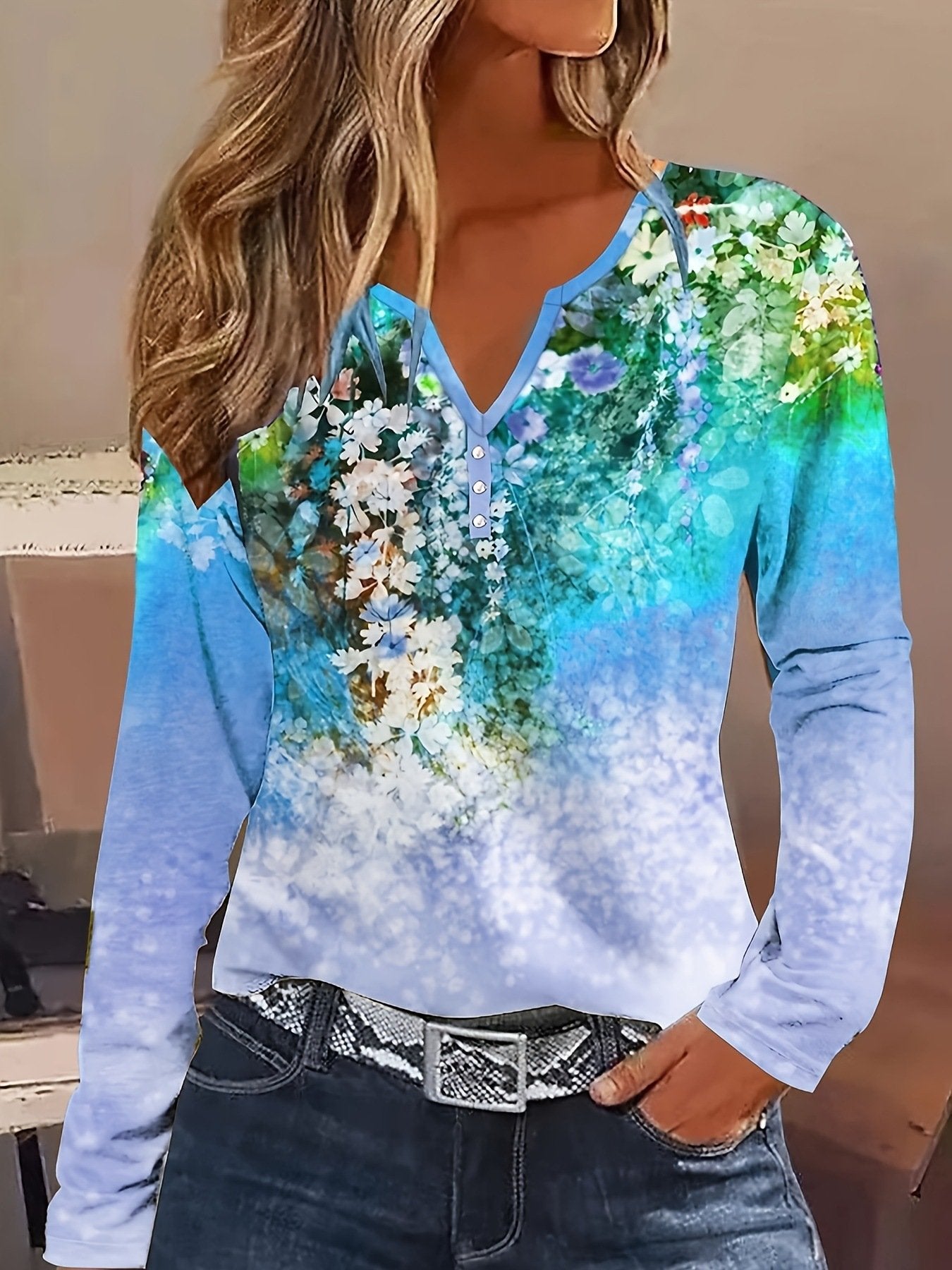 Casual Long Sleeve V Neck Floral Loose Regular Blouse