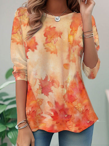Casual Long Sleeve Crew Neck Leaf Loose Regular Blouse