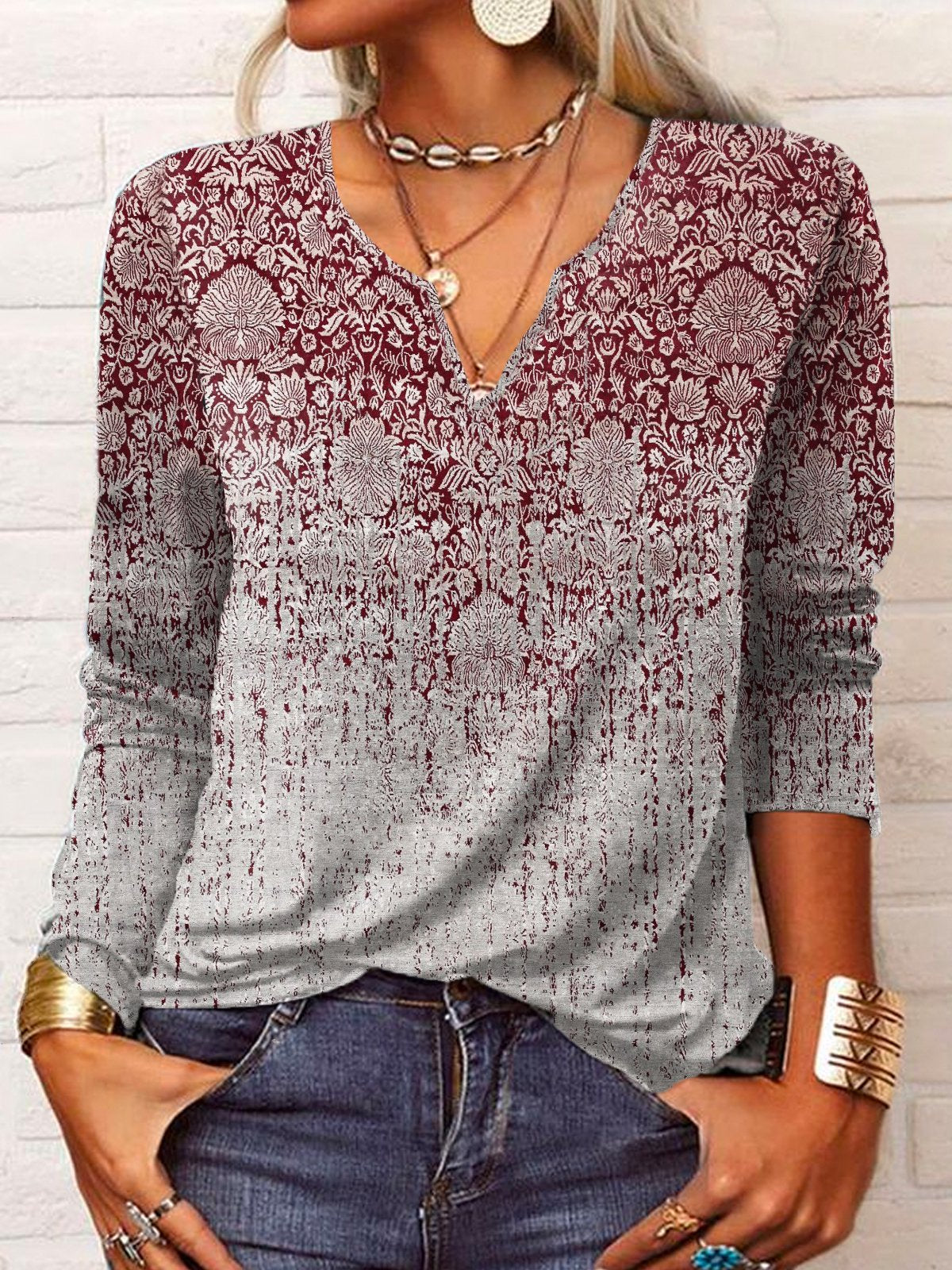 Loose Long Sleeve Notched Ethnic Casual Regular T-Shirt