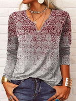 Loose Long Sleeve Notched Ethnic Casual Regular T-Shirt