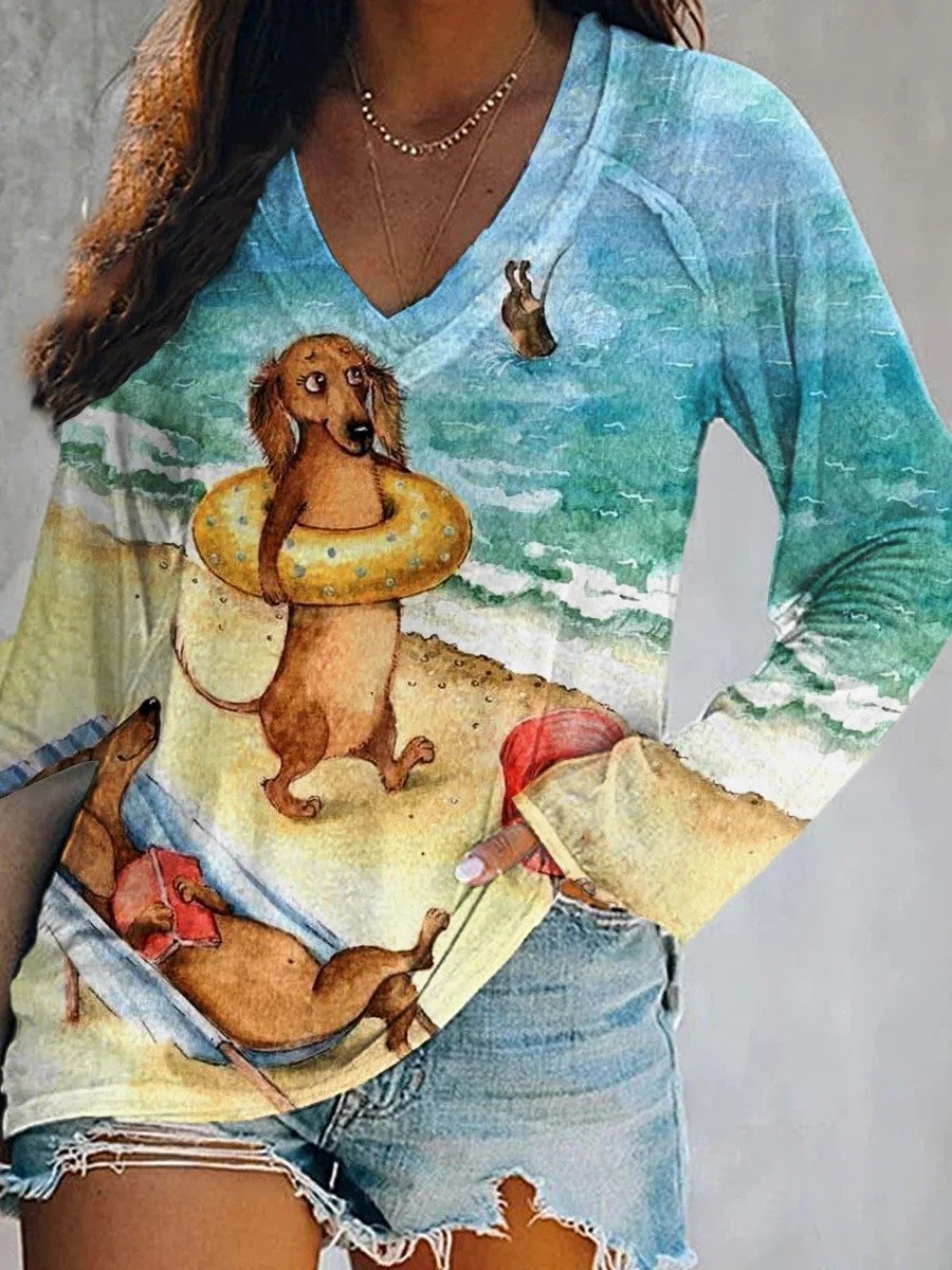 Casual Long Sleeve V Neck Dog Loose Regular T-Shirt