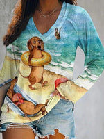 Casual Long Sleeve V Neck Dog Loose Regular T-Shirt