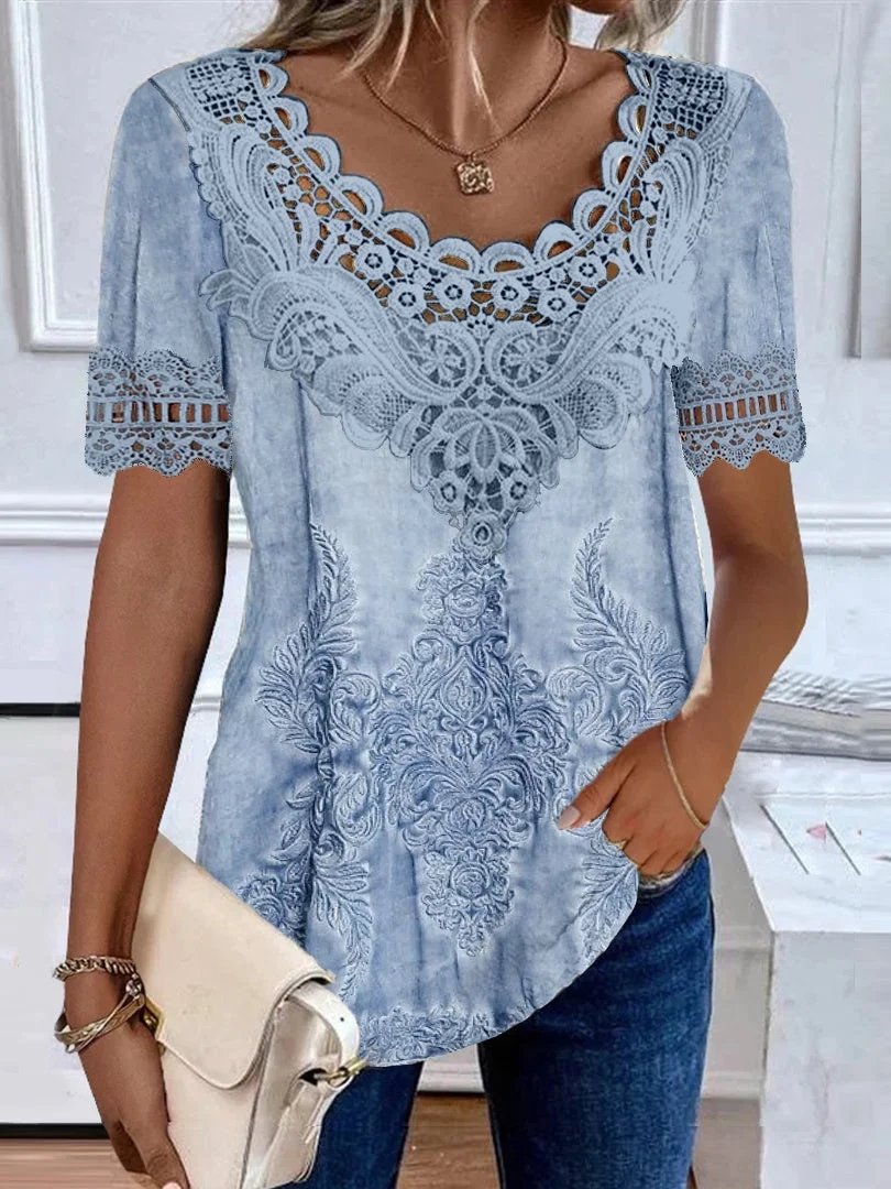 Loose Short Sleeve Crew Neck Ethnic Casual Regular Blouse