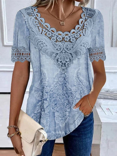 Loose Short Sleeve Crew Neck Ethnic Casual Regular Blouse