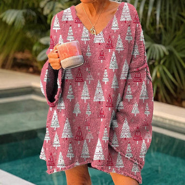 Loose Long Sleeve V Neck Ethnic Floral Christmas Zipper Casual Mid-Long Sweatshirt