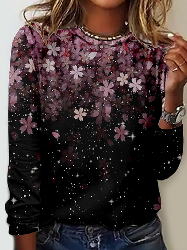 Loose Long Sleeve Crew Neck Floral Casual Regular T-Shirt